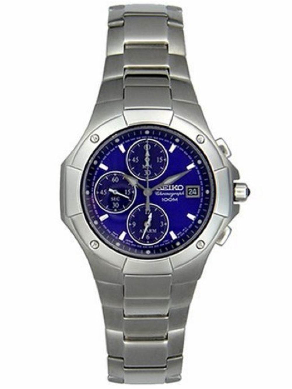 Seiko Silver Stainless Steel Chronograph Watch with Blue Dial